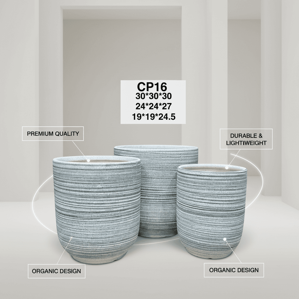 CP16 Modern Textured Planter Set | Grey & White Striped Pots for Indoor Outdoor Decor