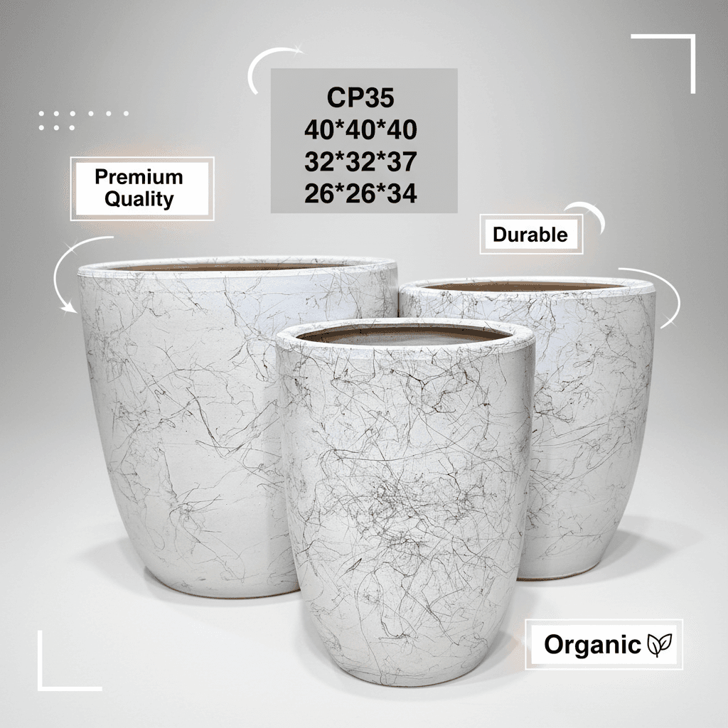 CP35 Modern White Marble Effect Ceramic Planter Pot - Indoor Outdoor