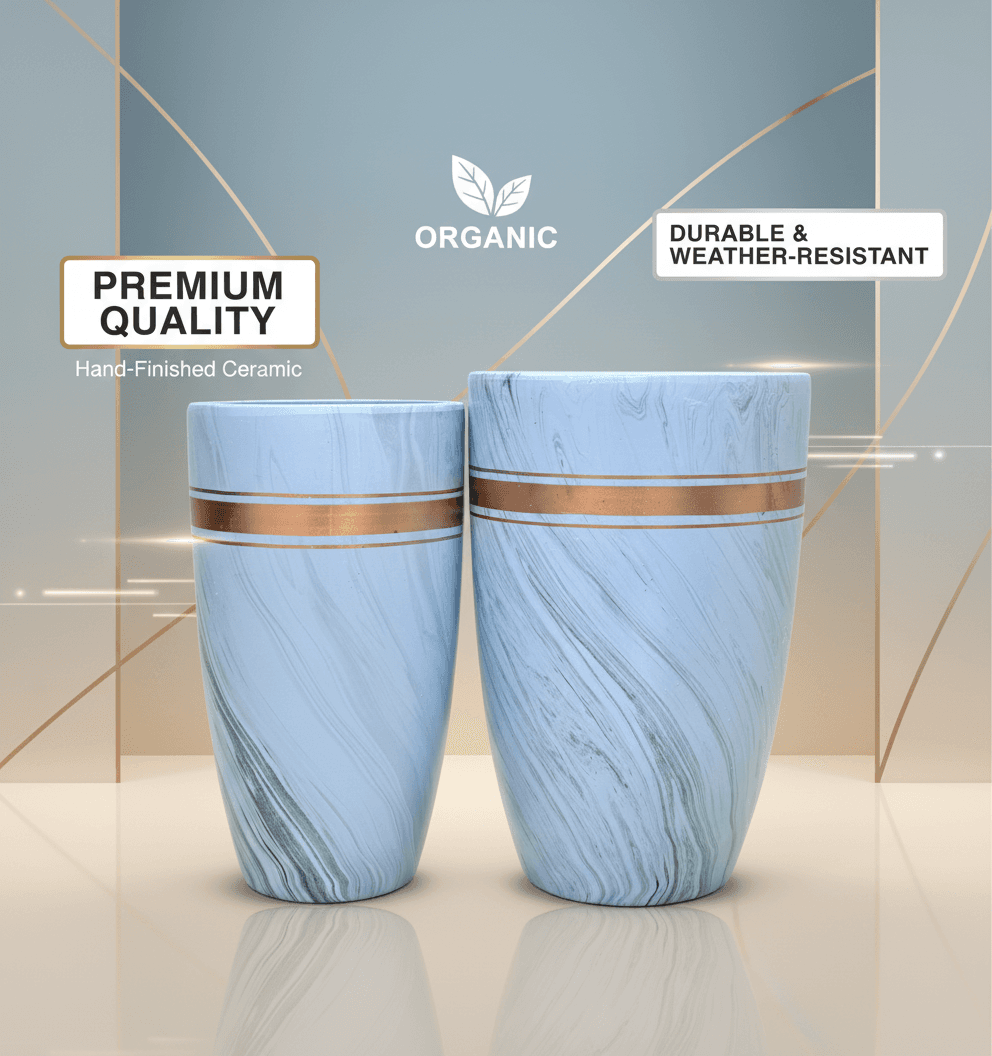 Elegant Marble Finish Ceramic Planter Set with Copper Bands - 60cm & 56cm Pots