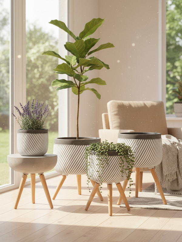 plant pot on wooden legs Set of 3 Modern Striped Fiber Planters with Wooden Legs – Green Grass Store